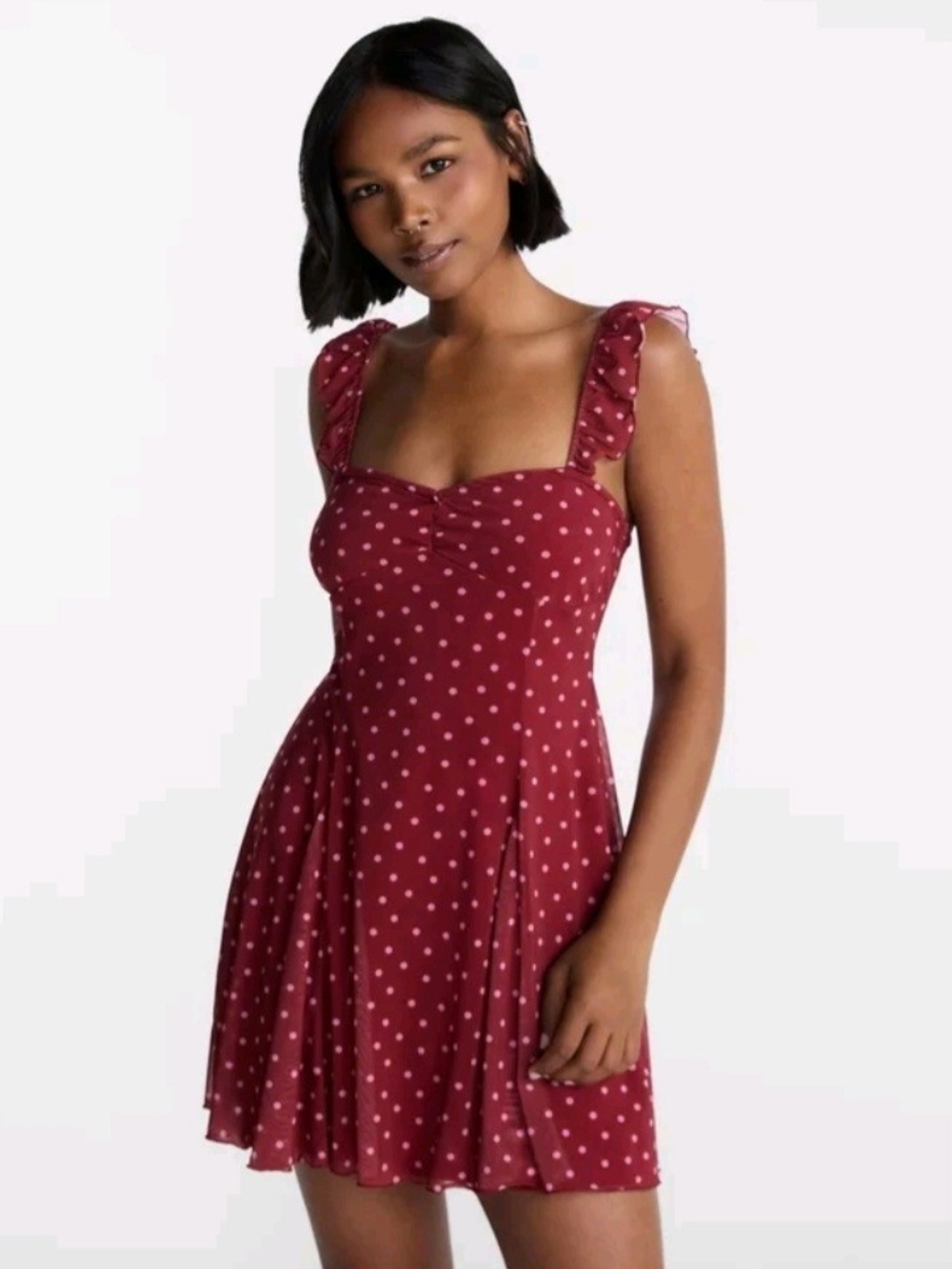 No Boundaries Burgundy Polka Dot Ruffle Strap Mini Dress